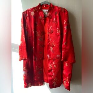 Vintage Peony Brand Red Satin Brocade Jacket, Floral Embroidery, Frog Closures